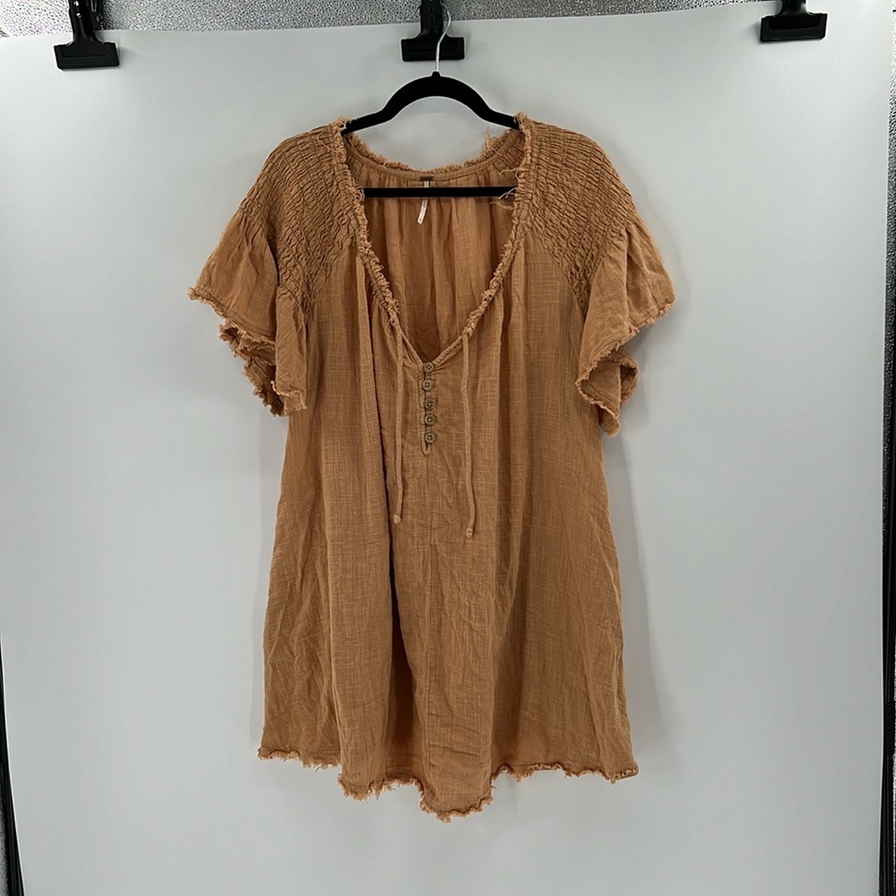 Free People Women's Short Sleeve Peasant Tunic top with pockets - Copper - L
